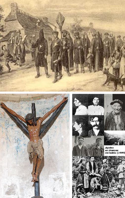 Crist crucificat en una creu de pata d’oca en l'Iglésia del Crucifix de la localitat navarresa de Font la Reina, fotografies d'agotes de l'any 1900 i gravat d'una processó d'agotes en el distintiu de la pata d’oca sobre els seus corfolls.