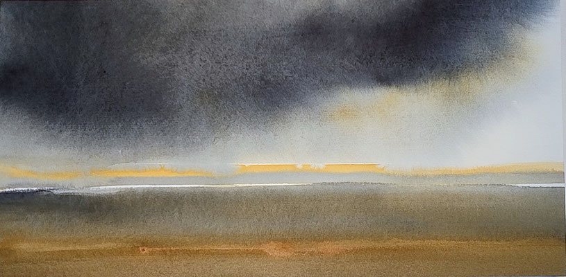 "Vluchtig moment"-14, waterverf op papier en houten paneel, 20x40x3 cm van Mamiko Nagatomo/ Sold, private collection in the Netherlands