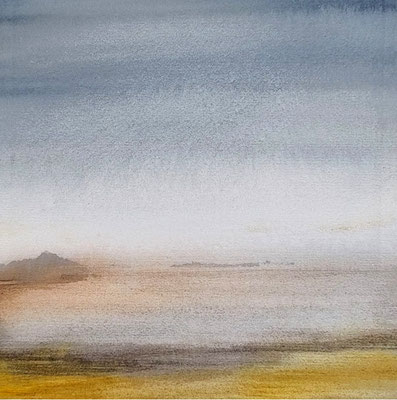 "Vluchtig moment-mist"-26, waterverf op papier en houten paneel, 20x20x3 cm van Mamiko Nagatomo