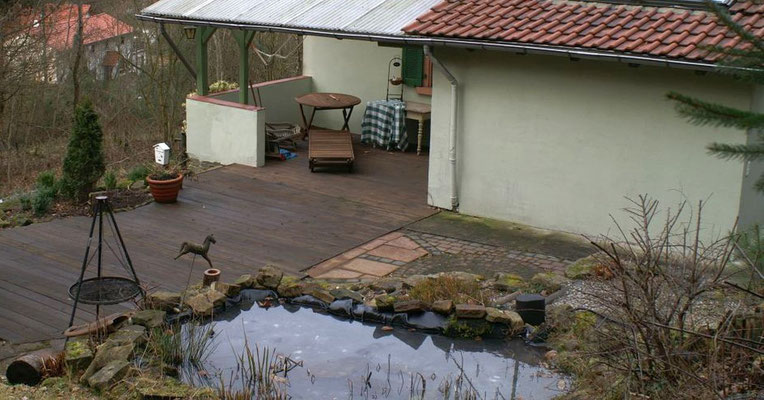 Südliche Terrasse mit Teich in ursprünglichem Zustand 