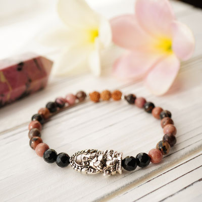 Dendric Rhodonite & Onyx Ganesha Bracelet