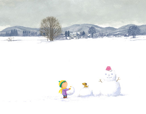美しい北海道の風景画イラスト　水彩タッチアクリル　冬　雪が積もって