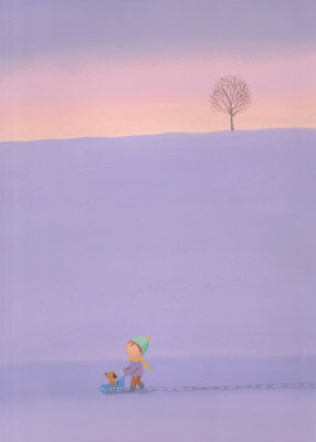 風景画イラスト　水彩タッチアクリル　美しい風景　　雪の丘の一本木　北海道美瑛町