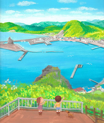 北海道の美しい海辺の風景画イラスト　水彩タッチ　夏　エンルム岬展望台から　様似町