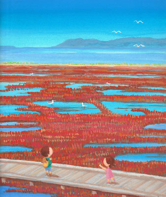北海道の美しい海辺の風景画イラスト　水彩タッチ　秋　赤く染まるサンゴ草　網走市能取湖