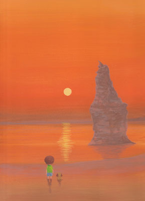 風景画イラスト　水彩タッチアクリル　美しい風景　　赤く燃える夕焼けの海岸　北海道乙部町