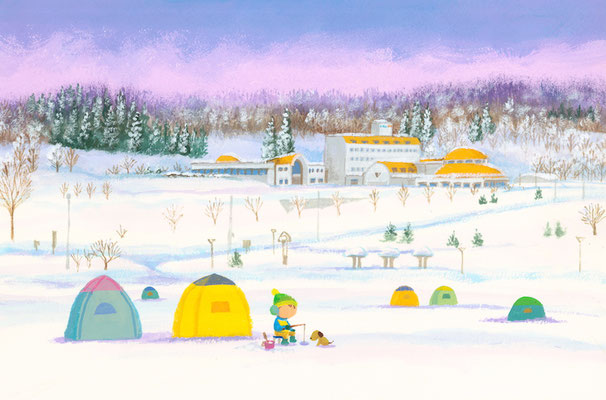 美しい北海道の風景画イラスト　水彩タッチアクリル　冬　寒い日の楽しい一日