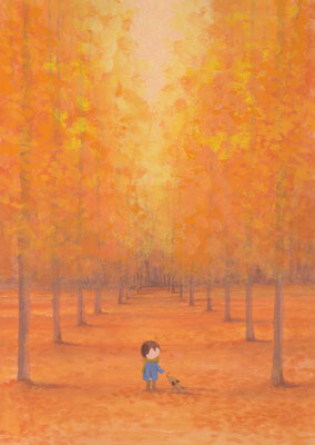 風景画イラスト　水彩タッチアクリル　美しい風景　　秋の紅葉の並木の中で　北海道旭川市