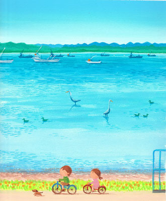 北海道の美しい海辺の風景画イラスト　水彩タッチ　夏　サロマ湖の水鳥たち　湧別町