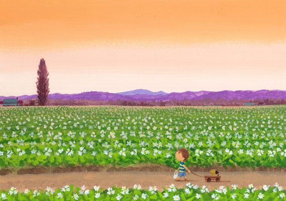 美しい北海道の風景画イラスト　水彩タッチアクリル　夏　夕暮れの帰り道