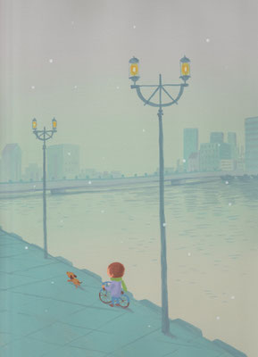 風景画イラスト　水彩タッチアクリル　美しい風景　　粉雪が舞う霧の街　北海道釧路市