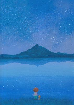 風景画イラスト　水彩タッチアクリル　美しい風景　　星空の利尻岳　北海道利尻富士町