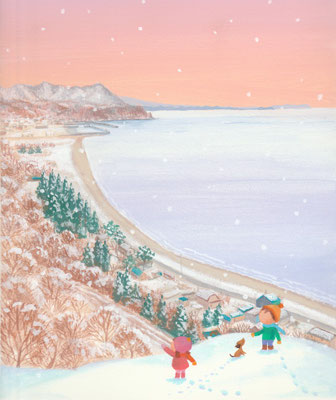 北海道の美しい海辺の風景画イラスト　水彩タッチ　冬　町を見下ろして　豊浦町