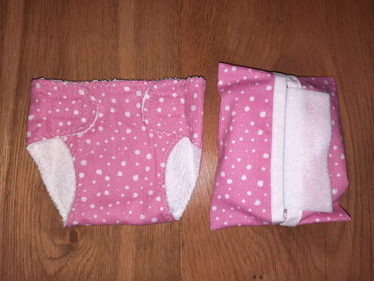 Puppenwindel gross und Feuchttücher, rosa mit Pünktchen