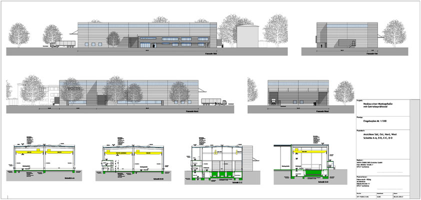 Eingabe- und Werkplan, Montagehalle mit Getriebeprüfstand.