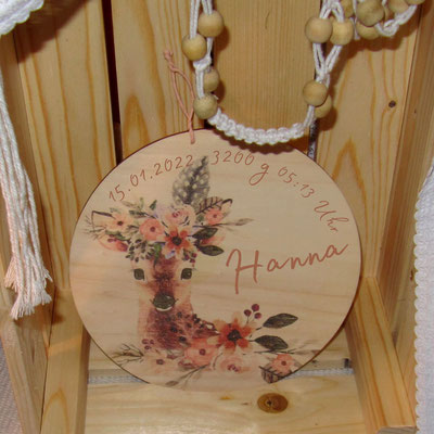 Hanna Blumen-Reh - Holz-Namensschild, Türschild Baby-Kleinkindergeschenk, zur Geburt schenken 