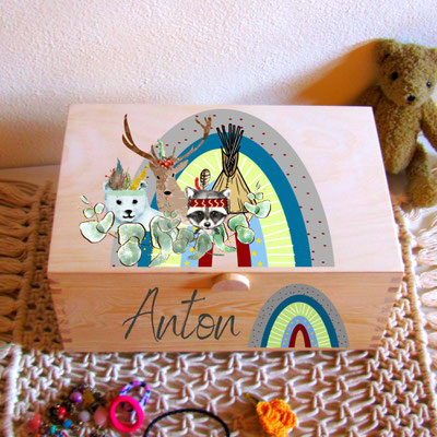 Anton Waldtiere Regenbogen Boho; + Frontdruck - Holz Schatzkiste Namensbox 2teilig mit Fächern