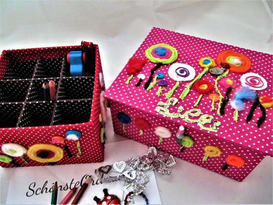 Lolli Pop gr. L Kinderschmuckkästchen pink mit Name, 9 Fächer Stiftebox XXL, handgemachte Geschenkbox