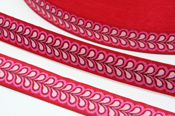 Blätterband - rot - Muster in den Farben pink, brombeere + rosa - 15 mm - Design: Franca Tack - EUR 2,90/m