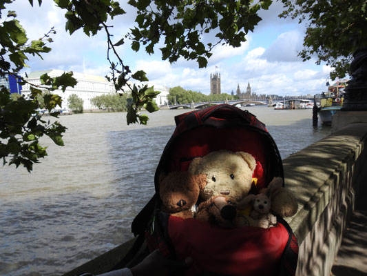 Wir am Themseufer mit den Houses of Parliament im Hintergrund