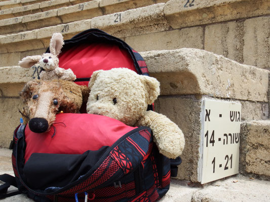 Kasimir, Cäsar, Fredi und Kerl auf der Zuschauerbank in Caesarea.