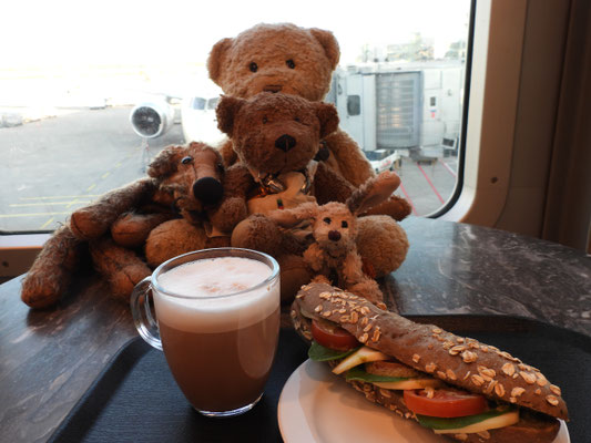 Kasimir, Cäsar, Fredi und Kerl frühstücken noch in Düsseldorf vor dem Boarding