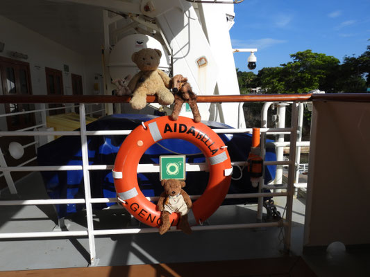 Wir, Kasimir - Cäsar - Fredi und Kerl, machen uns mit einem Rettungsring vertraut, sicher ist sicher.