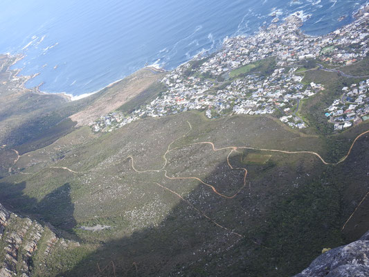 Blick vom Tafelberg ins Tal; die Schlangenlinien? Der Fußweg hoch zum Tafelberg.