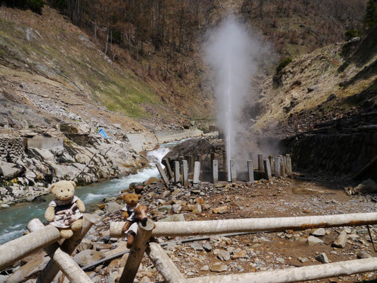 wir vor einem Geysir in Yamanouchi