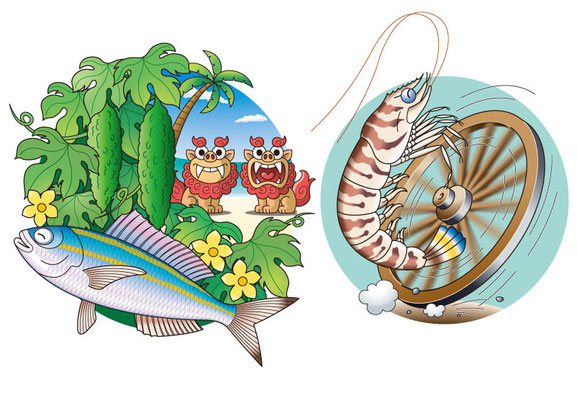 パンフレット：「クルマエビ」→体を丸めた時に縞模様が放射状になり車輪のように見えることから「車エビ」と呼ばれている。左の魚は「タカサゴ」