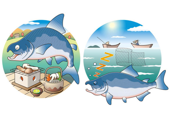 パンフレット：「時化魚」→サケのこと。凪の日はサケが動かず網に入らないということ