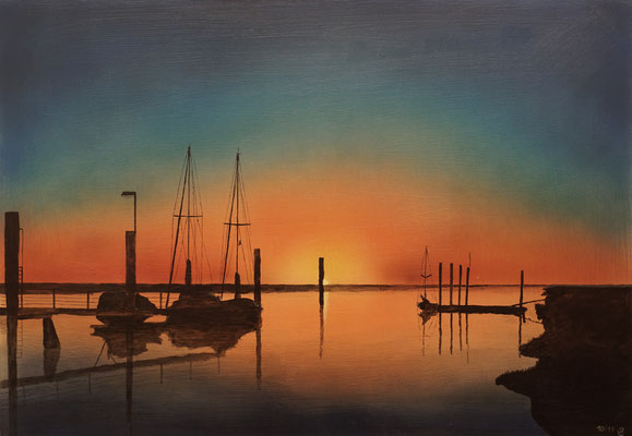 Sonnenaufgang im Vareler Hafen, Acryl auf Hartfaser, bündig gerahmt, L x B: 45 cm x 64 cm, signiert