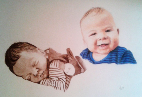 Baby-Porträt - A3 - 190 g/m² Zeichenpapier - Sepia und Polychromos