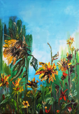 Tournesols, breuvages des dieux, huile, 100x70, 2021 