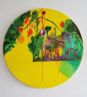 Fenêtre ouverte sur un ciel jaune, huile/ toile ronde diam 100 