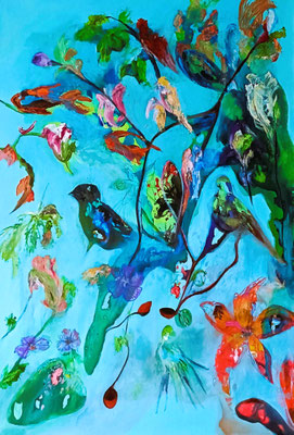 Il revient le bonheur ,huile et encres,pastel , 100x70, 2024