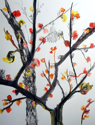 La vie en fleurs, peinture sur papier 65x50