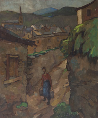 In de Ardenne, vrouw met emmers 76 x 66 cm