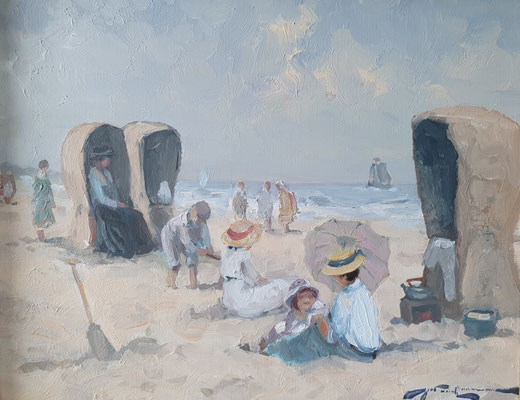 Figuren en rieten strandstoelen Olieverf 28 x 33 cm Prijs 885 euro inclusief bladgoud vergulden Prins lijst