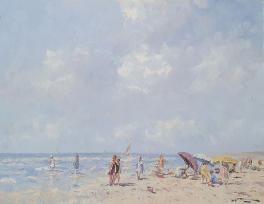 Spelende kinderen en zeilboten Olieverf 55 x 69 cm Prijs 1750 euro inclusief bladgoud vergulden Prins lijst