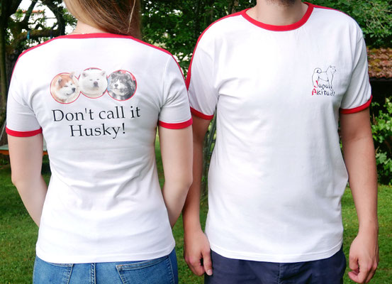 T-Shirt "Don't call it Husky"; Damen- oder Herrenshirt; 100 % Baumwolle; Rückenprint mit Spruch "Don't call it Husky" und Akitaköpfen; Vereinslogo auf Vorderseite; alle Größen; Farbe weiß-rot; 45,-€