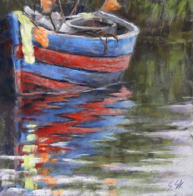 Versteckt im Schilf, 25 x 25 cm, Pastell