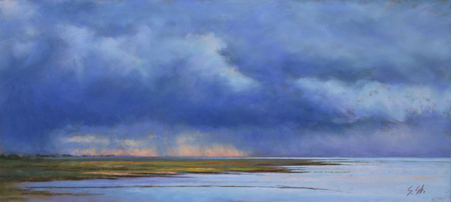 Abends Regenmit Sturmböen, 18 x 40 cm, Pastell