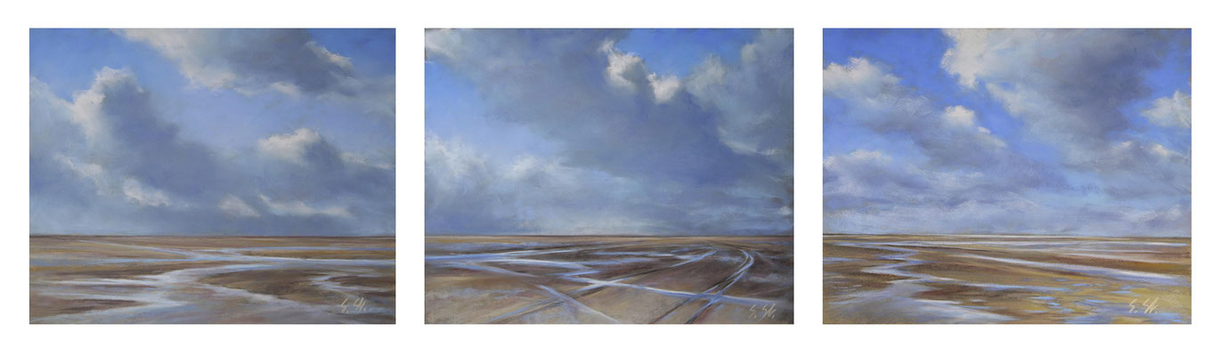 Im Watt, Triptychon, je 42 x 30 cm, Pastell