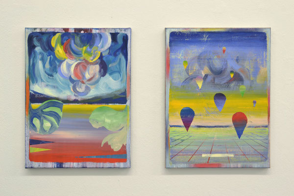 Matthias Moravek „Krakatao“, Öl /Lack auf Leinen, 40x30 cm, 2021.  Bild auf der rechten Seite: „Dripdrop“, Öl /Lack auf Leinen, 40 x 30 cm, 2021