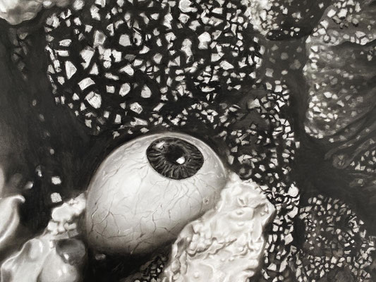 Peter Hock, "Teratom", 2021, Kohle/Papier, 200 x 150 cm. Detail