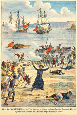 48D - La Martinique - Le père Labat à la tête de quelques soldats, colons et nègres, repousse une descente des corsaires anglais (octobre 1697)