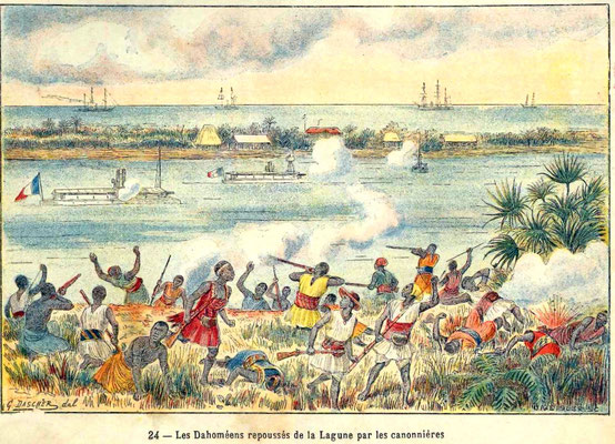 24D - Les Dahoméens repoussés de la lagune par les canonnières