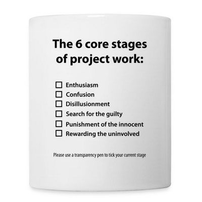 "The 6 core stages of project work" (am besten zu verschenken zusammen mit einem abwaschbaren Folienschreiber zum Selberankreuzen)