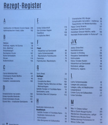 Rezept-Register von A-Z für das Pampered Chef Koch und Backbuch